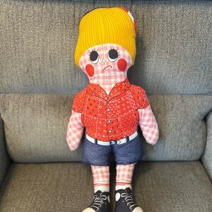 Vtg Handmade Sad Boy cloth doll
